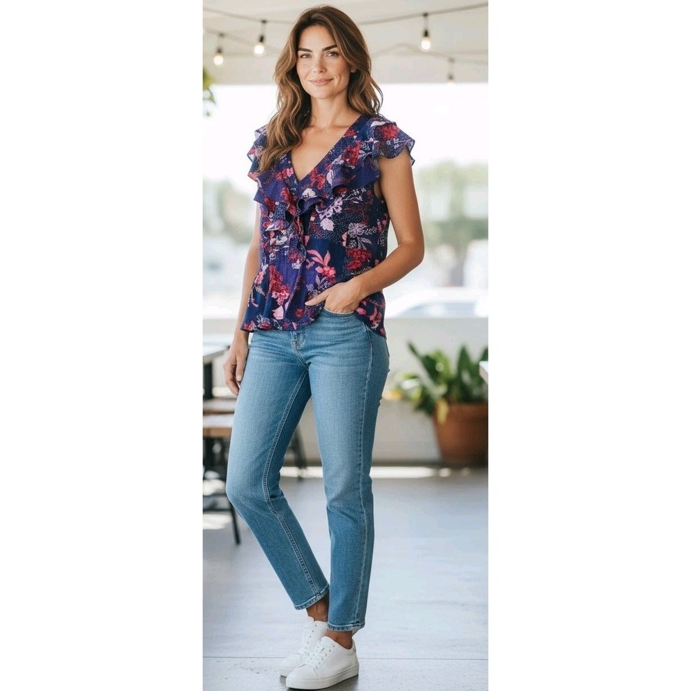 Sofia Jeans by Sofia Vergara Women XXL Cobalt Blue Floral Ruffle V-Neck Top Boho